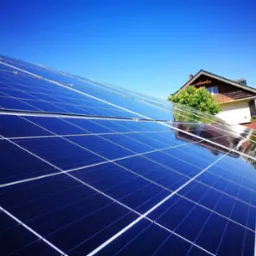 Błękitne panele słoneczne na dachu domu w słoneczny dzień. Widoczne odbicie budynku w panelach. Ekologiczne źródło energii.