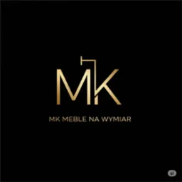 Eleganckie logo 'MK Meble na Wymiar' w złotym kolorze na czarnym tle. Minimalistyczny design z elementem meblowym wkomponowanym w litery.
