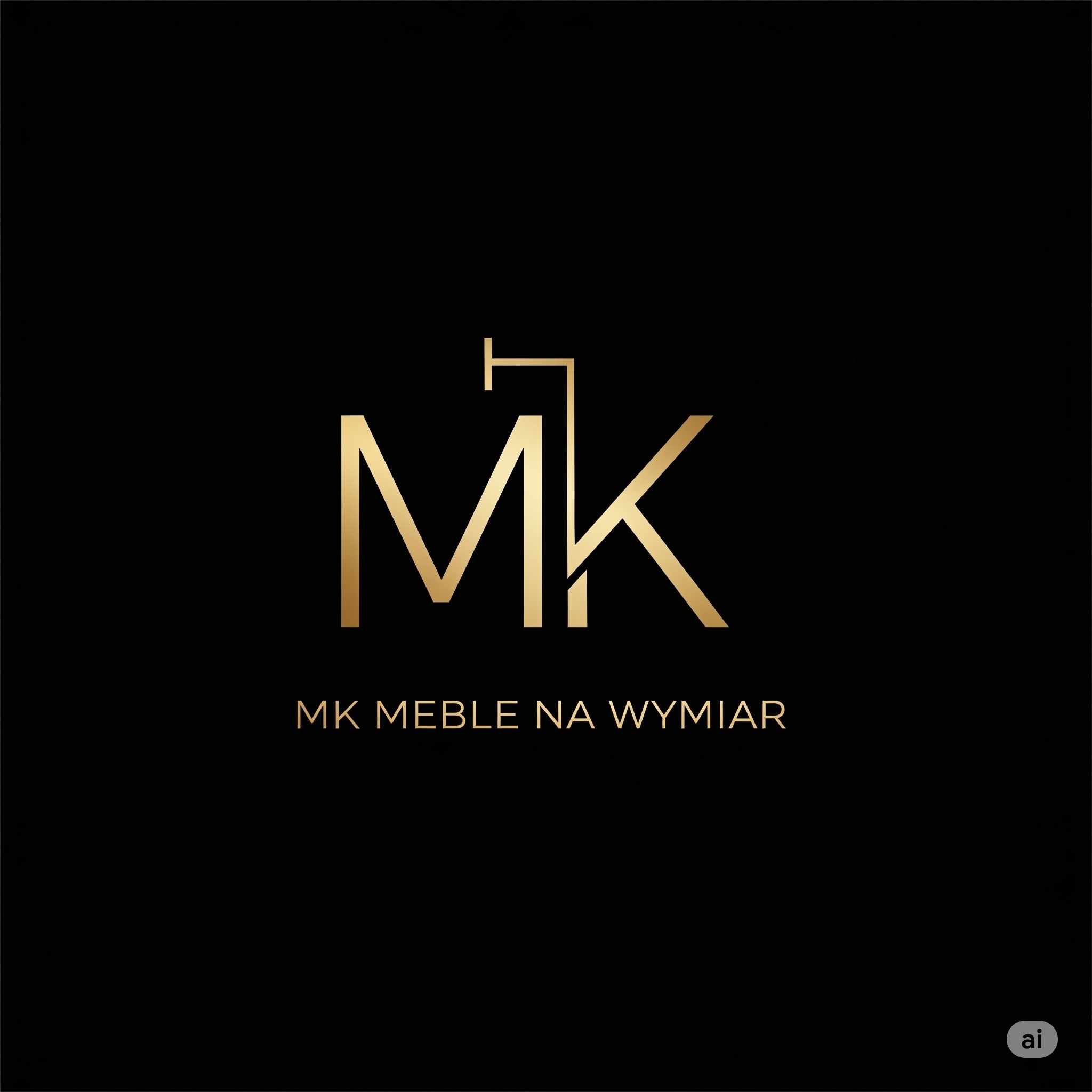 Eleganckie logo 'MK Meble na Wymiar' w złotym kolorze na czarnym tle. Minimalistyczny design z elementem meblowym wkomponowanym w litery.