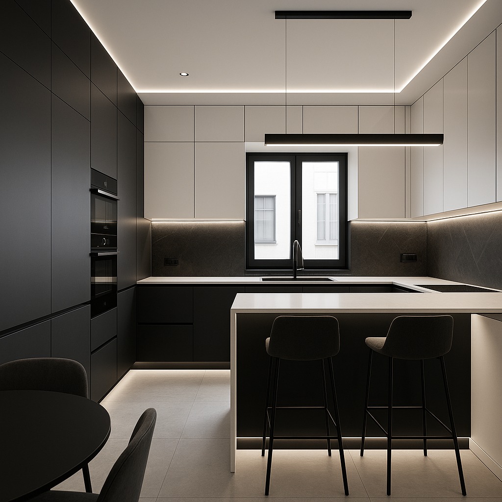 Nowoczesna, minimalistyczna kuchnia w czerni i bieli z wyspą, oświetleniem LED i oknem z widokiem na budynek. Ustawione dwa hokery.