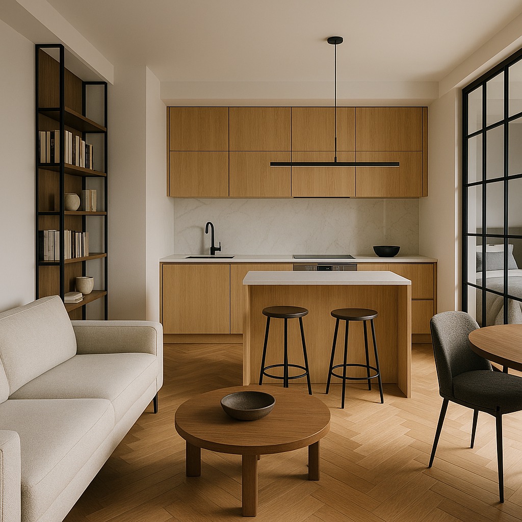 Jasne wnętrze z drewnianą zabudową kuchenną, wyspą i parkietem w jodełkę. Minimalistyczny salon z beżową sofą i regałem na książki. Nowoczesny design.