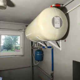 Bojler wiszący na ścianie z niebieskim zbiornikiem wyrównawczym i widocznymi rurami instalacji w szarym pomieszczeniu z oknem.