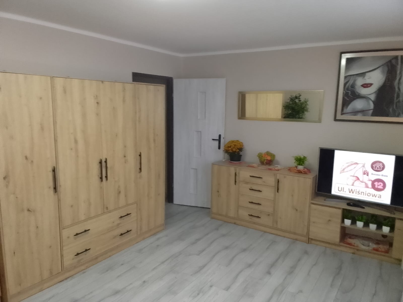 Jasne, drewnopodobne meble w pokoju: szafa z ciemnymi uchwytami, komoda z szufladami, szafka RTV z roślinami. Na ścianie lustro i obraz. Podłoga w jasnych panelach.