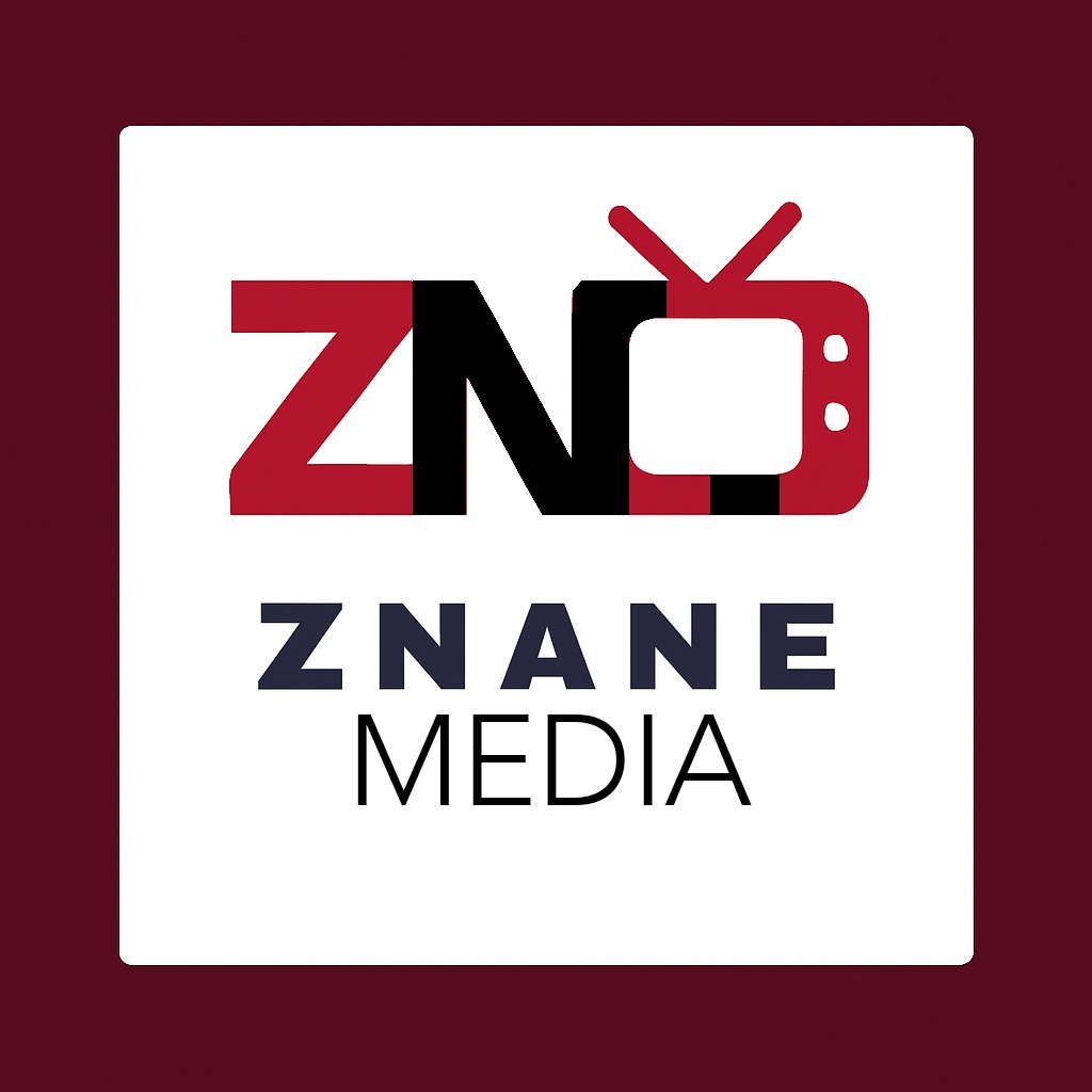 Logo Znane Media: czerwono-czarny napis 'ZN' z symbolem telewizora, poniżej 'ZNANE MEDIA' na białym tle z bordową obwódką.