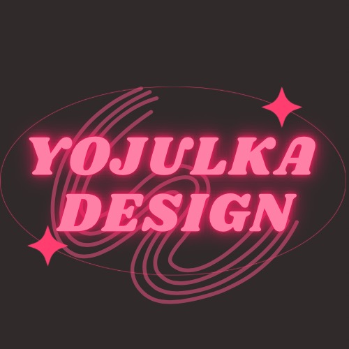 Neonowy logotyp 'Yojulka Design' z ozdobnymi liniami i gwiazdkami na ciemnym tle, prezentujący nowoczesny styl graficzny.
