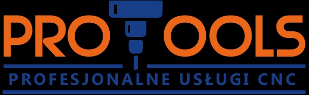 Logo firmy ProTools z hasłem „Profesjonalne Usługi CNC”. Grafika w kolorach pomarańczowym i niebieskim na czarnym tle. Stylizowane narzędzie CNC wkomponowane w napis.