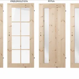 Katalogowe ujęcie prezentujące serię drewnianych drzwi wewnętrznych z różnymi wariantami przeszkleń: przezroczyste, ryfla. Jasne drewno, minimalistyczny design.
