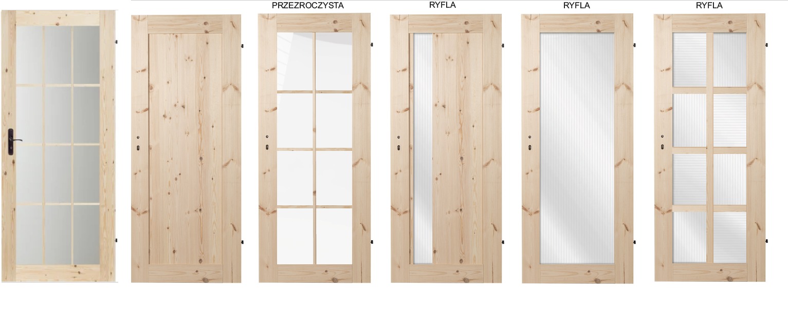 Katalogowe ujęcie prezentujące serię drewnianych drzwi wewnętrznych z różnymi wariantami przeszkleń: przezroczyste, ryfla. Jasne drewno, minimalistyczny design.
