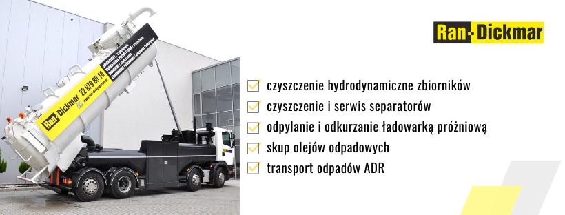 Specjalistyczna cysterna ssąca z podniesionym zbiornikiem, firmy Ran-Dickmar. Usługi czyszczenia hydrodynamicznego, serwis separatorów i transport odpadów ADR.