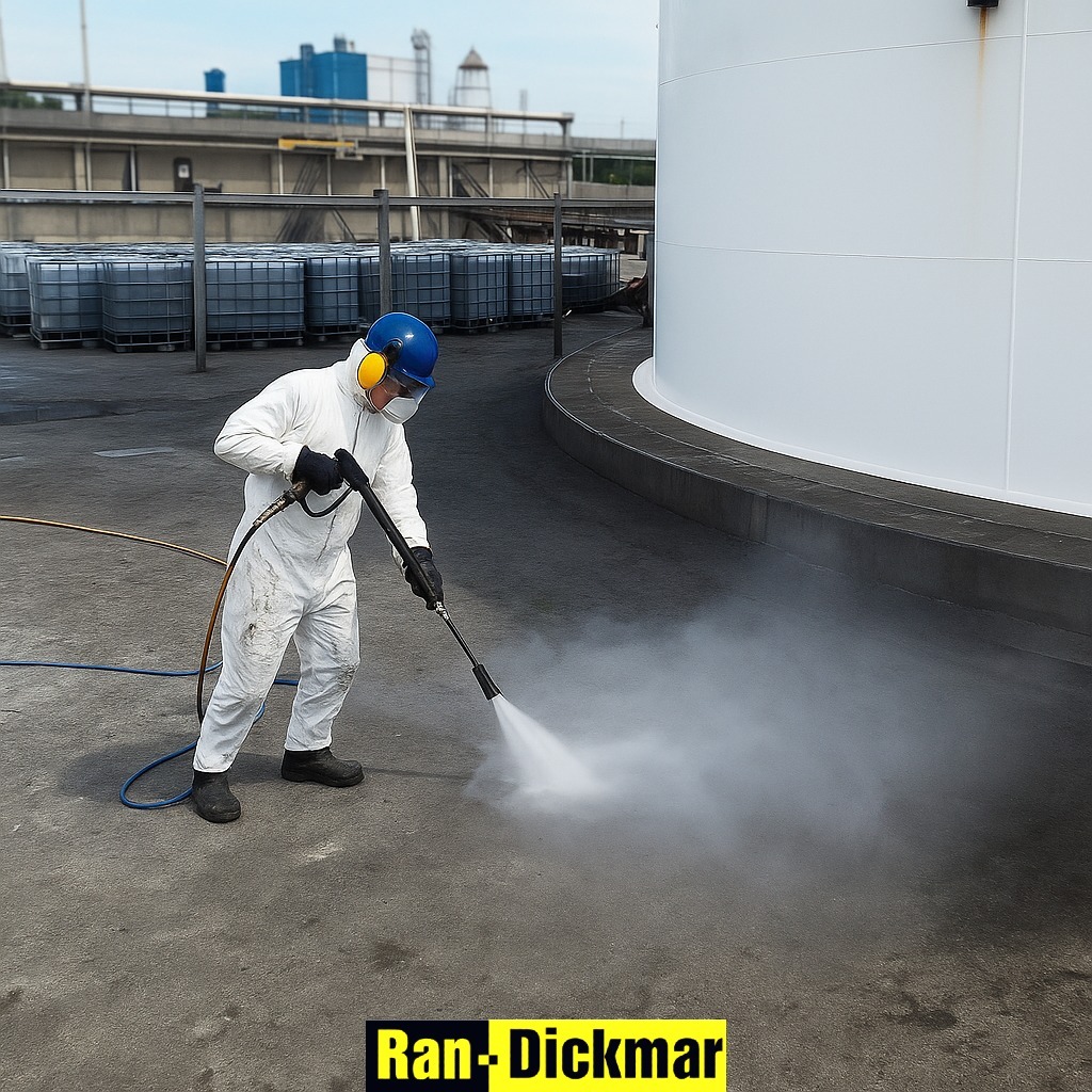 Pracownik w kombinezonie i kasku myje posadzkę przemysłową myjką ciśnieniową. W tle zbiorniki i kontenery IBC. Logo firmy w dolnej części kadru.