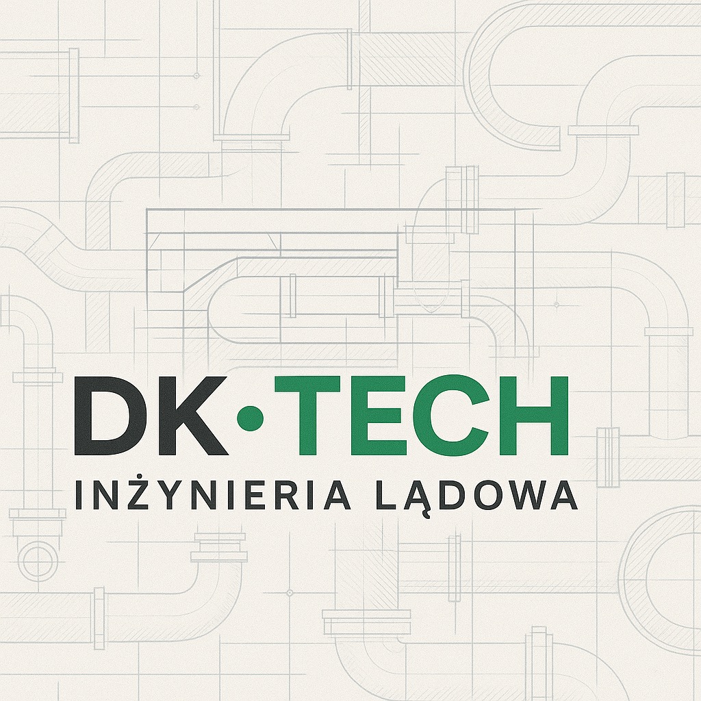 Grafika DK-TECH Inżynieria Lądowa na tle schematu instalacji wodno-kanalizacyjnych. Logo firmy w kolorach czarnym i zielonym. Precyzyjny projekt.