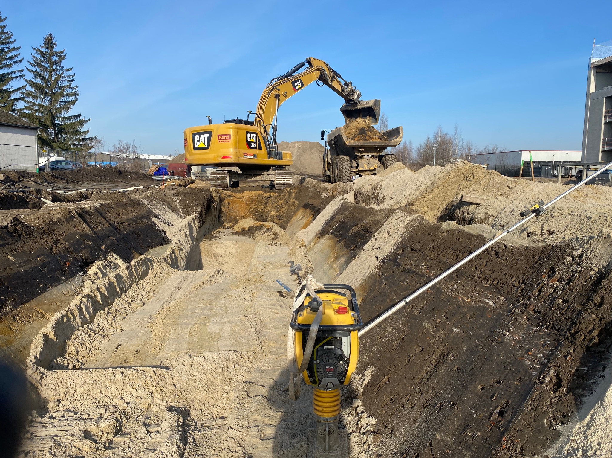 Żółta koparka CAT ładuje ziemię do wywrotki na placu budowy. W tle budynek i drzewa, a na pierwszym planie ubijarka wibracyjna.