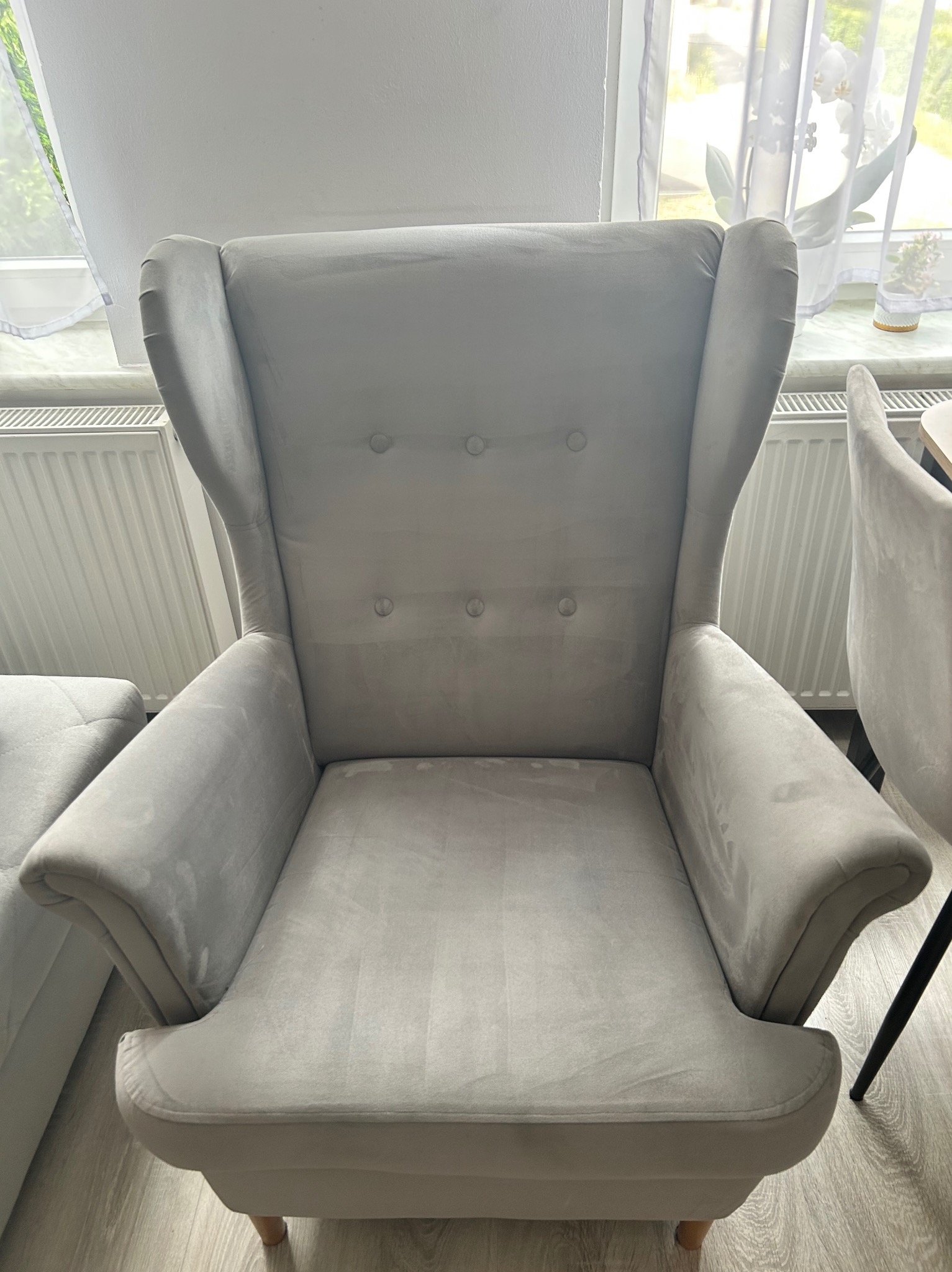 Szary, welurowy fotel typu uszak z widocznymi guzikami na oparciu, stojący w jasnym pokoju przy oknie z białymi firankami i grzejnikiem.