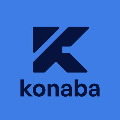 Logo firmy Konaba: ciemnoniebieski, stylizowany znak 'K' nad nazwą firmy na jasnoniebieskim tle. Minimalistyczny design.