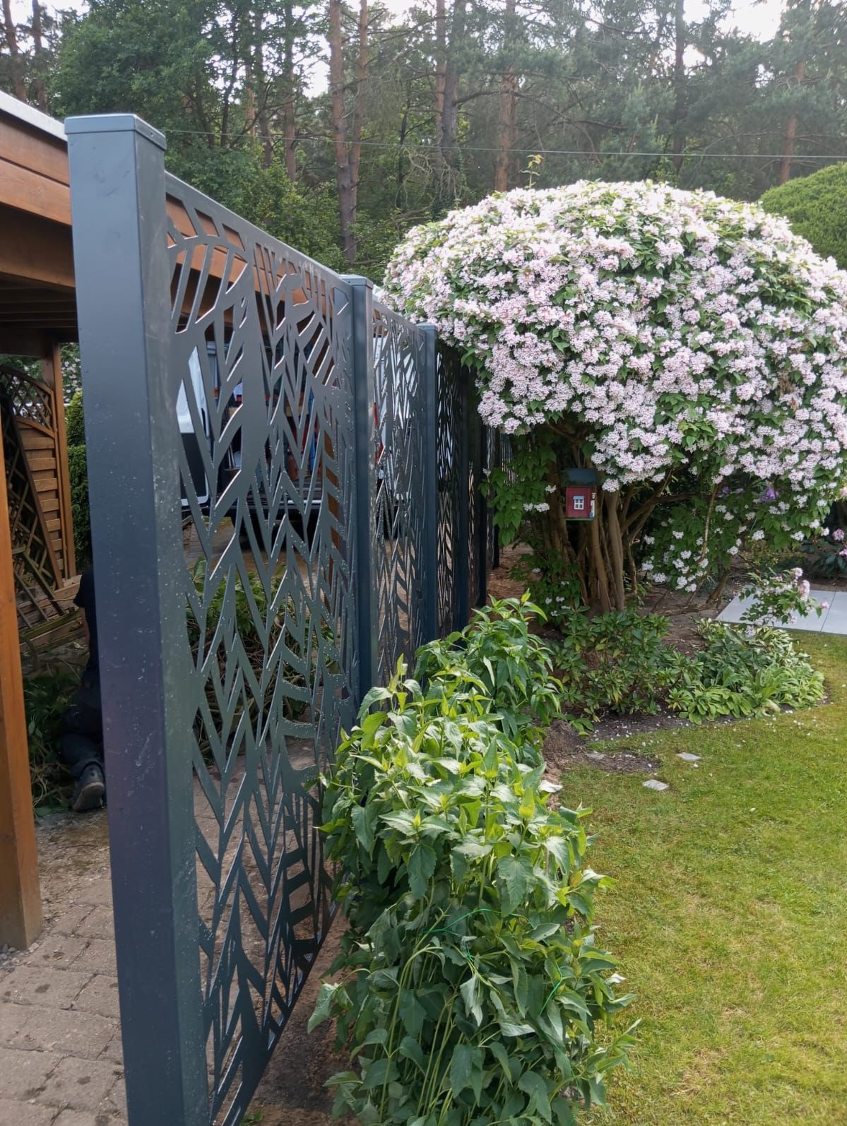 Nowoczesne ogrodzenie metalowe z ażurowym wzorem liści, oddzielające ogród z kwitnącym krzewem. Widoczny fragment altany i trawnik.