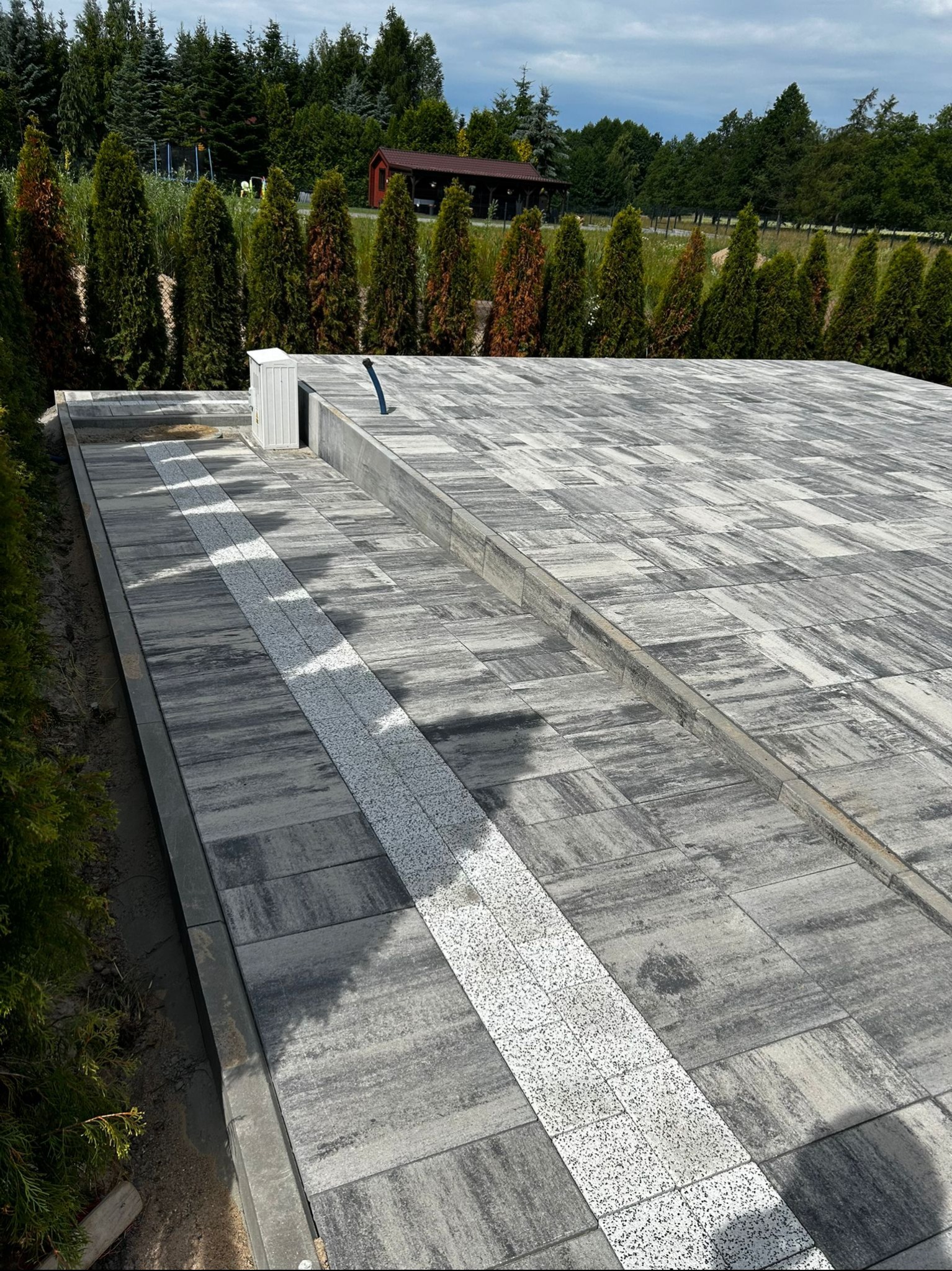 Nowoczesny taras z szarej kostki brukowej, z białym pasem dekoracyjnym. Widok na rząd tuj i budynek w tle. Estetyczne wykończenie, dbałość o detale.