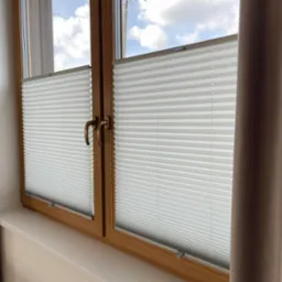 Okno z drewnianą ramą i zamontowanymi plisami w kolorze białym. Z boku widoczne fragmenty zasłon w odcieniach beżu. Widok na błękitne niebo.