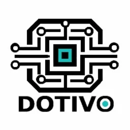 Logo DOTIVO: czarny obwód z turkusowym kwadratem w centrum, imitujący układ scalony. Napis DOTIVO pod spodem, czcionka bezszeryfowa.