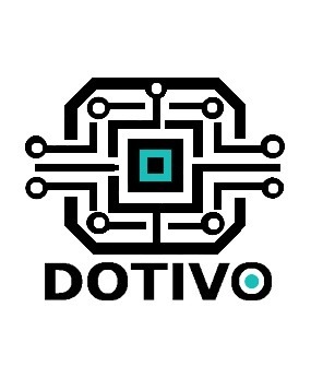 Logo DOTIVO: czarny obwód z turkusowym kwadratem w centrum, imitujący układ scalony. Napis DOTIVO pod spodem, czcionka bezszeryfowa.