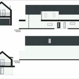 Rzut elewacji domu dwukondygnacyjnego: frontowa z garażem, boczna z wejściem, tylna z balkonem. Projekt domu w odcieniach szarości i bieli.