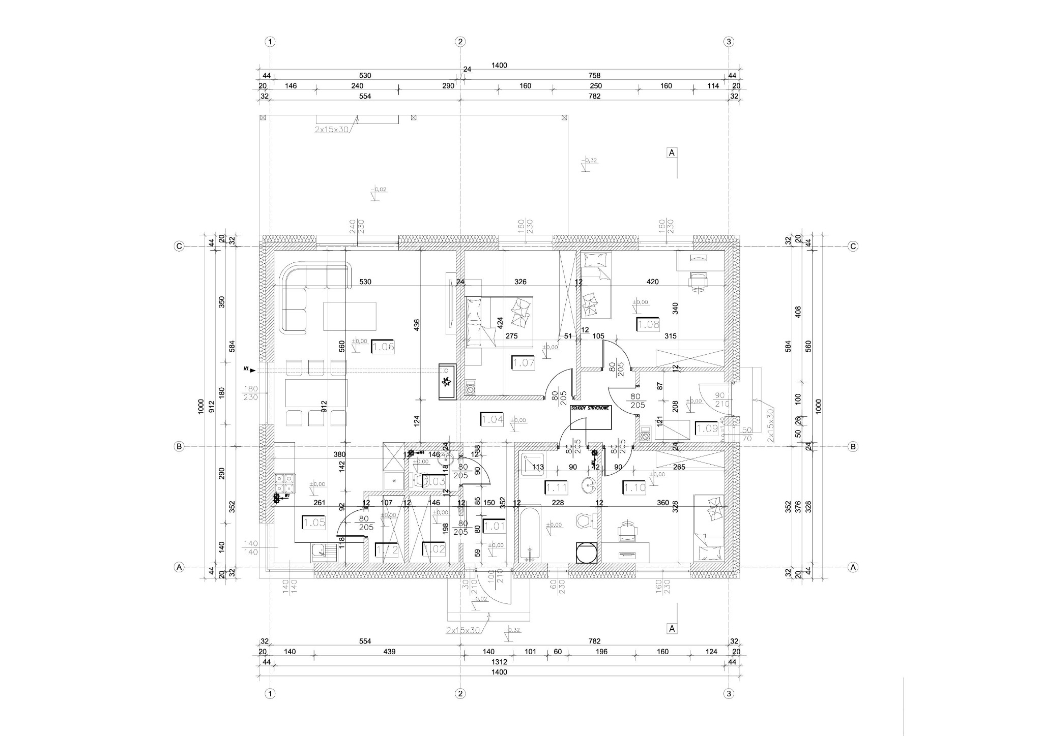 Rzut architektoniczny mieszkania z wymiarami, widok z góry. Plan zawiera rozmieszczenie pomieszczeń, mebli i elementów wyposażenia. Białe tło, czarne linie.