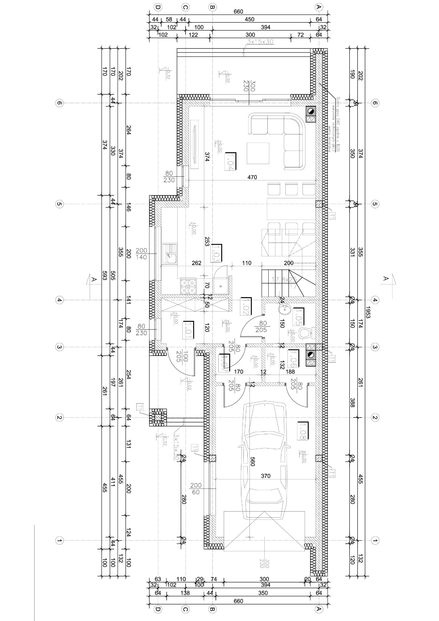 Rzut poziomy mieszkania z wymiarami, detalami wyposażenia i oznaczeniami instalacji. Plan architektoniczny z opisami technicznymi.