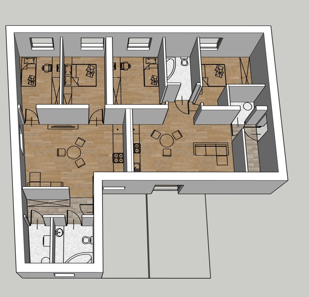 Schematyczny rzut 3D mieszkania z umeblowaniem, ukazujący układ pomieszczeń: sypialnie, łazienki, salon z kuchnią. Widok z góry, perspektywa izometryczna.
