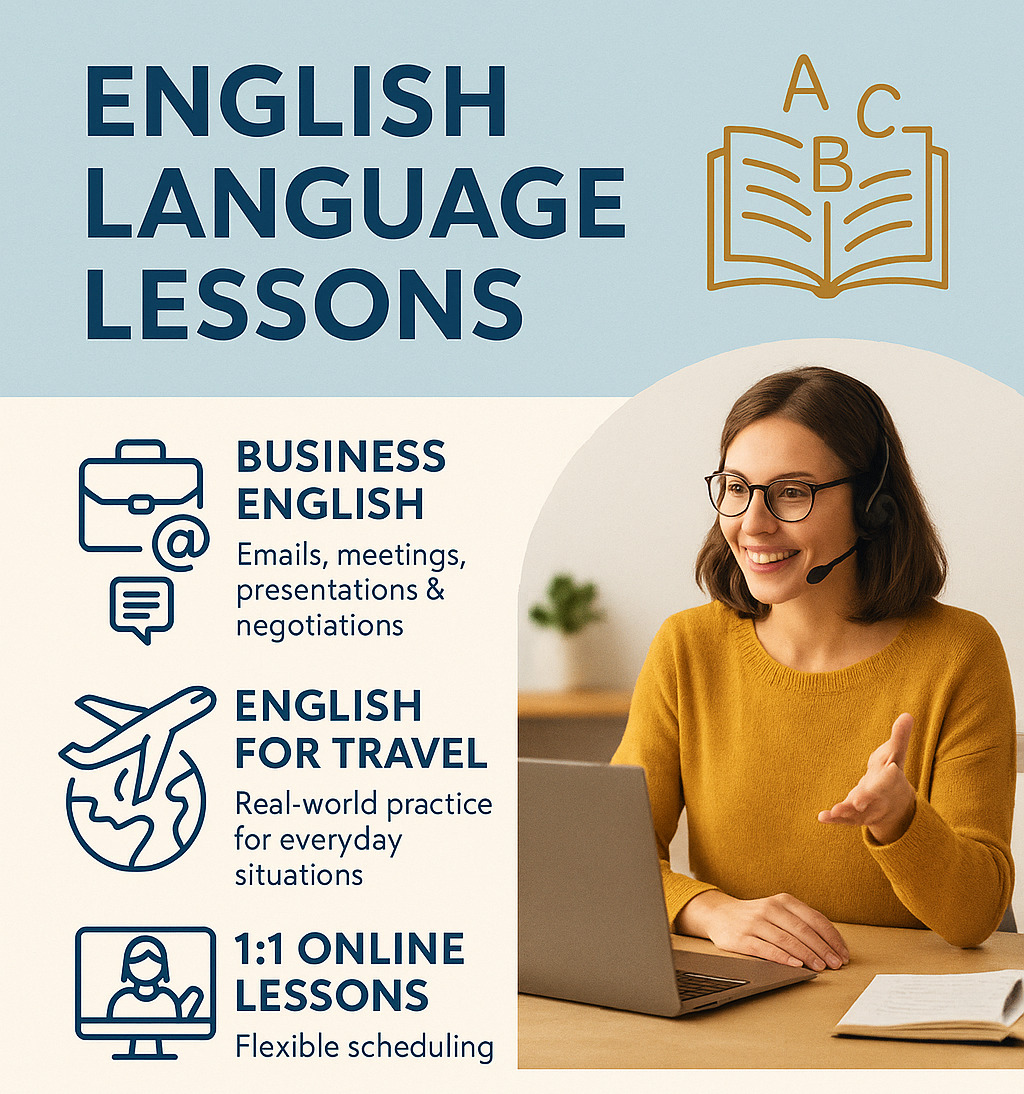 Grafika promująca lekcje języka angielskiego online, z ikonami tematycznymi i uśmiechniętą lektorką w słuchawkach pracującą na laptopie. Lekcje biznesowe i dla podróżujących.