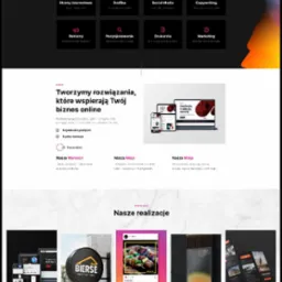 Prezentacja strony internetowej agencji marketingowej z ofertą usług: strony, grafika, social media, reklama, druk. Ujęcie portfolio z realizacjami.