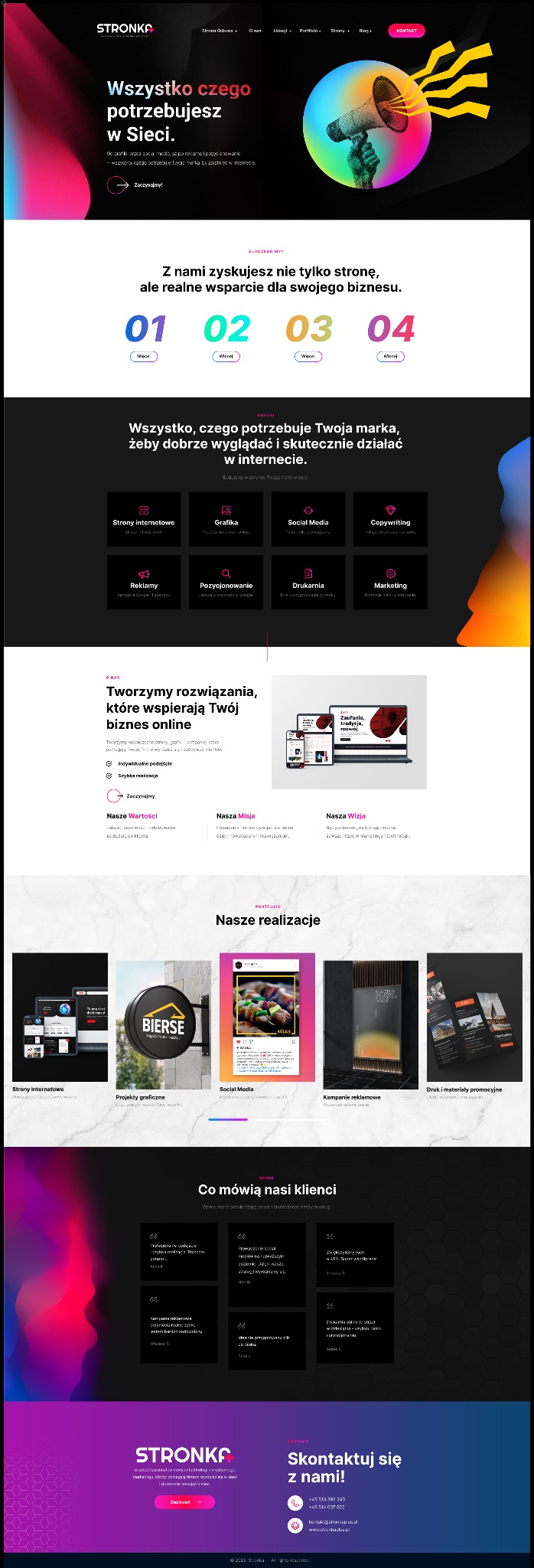 Prezentacja strony internetowej agencji marketingowej z ofertą usług: strony, grafika, social media, reklama, druk. Ujęcie portfolio z realizacjami.