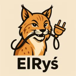 Ilustracja: rysunkowy ryś trzyma w pysku wtyczkę elektryczną. Poniżej napis 'ElRyś'. Grafika w odcieniach brązu i beżu, stylizowane retro.
