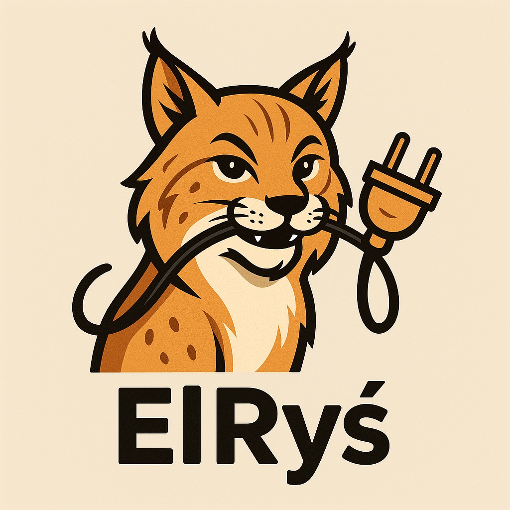 Ilustracja: rysunkowy ryś trzyma w pysku wtyczkę elektryczną. Poniżej napis 'ElRyś'. Grafika w odcieniach brązu i beżu, stylizowane retro.