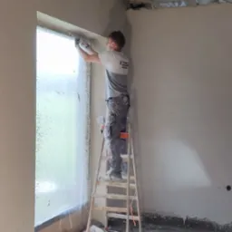 Tynkarz na drabinie szpachluje ścianę przy oknie w pomieszczeniu z folią ochronną na suficie. Widoczne worki z zaprawą i narzędzia.