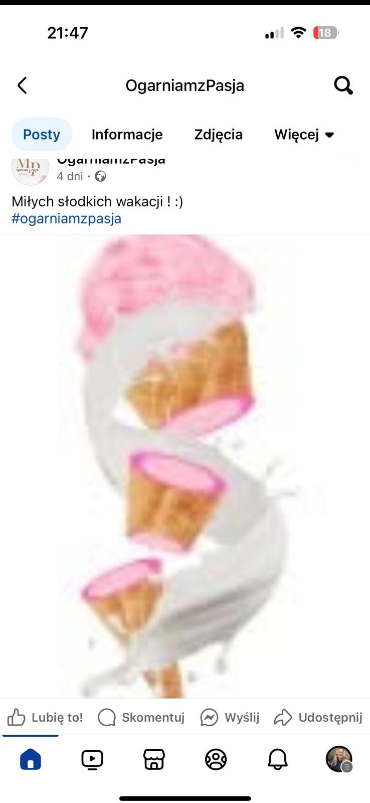 Grafika lodów w rożku, podzielonych na segmenty, otoczonych płynącym mlekiem, w pastelowych kolorach. Widok z profilu, na jasnym tle. Letnia, słodka kompozycja.