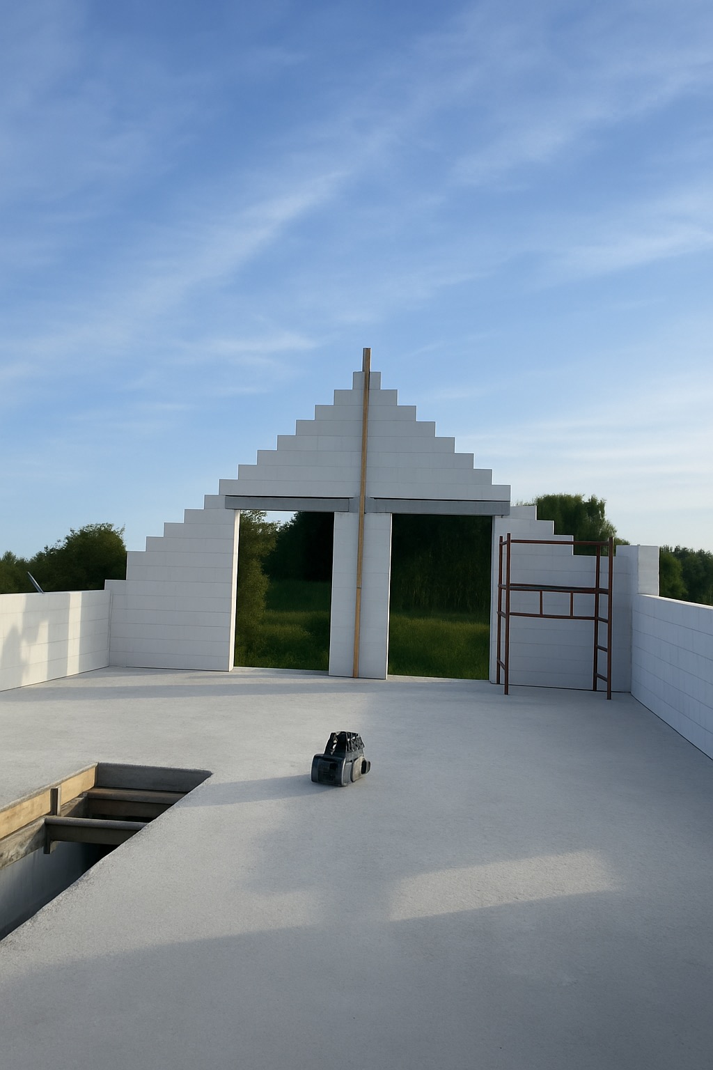 Wnętrze domu w trakcie budowy z białych bloczków, widoczne rusztowanie i narzędzia. Ujęcie z góry, w tle zielona roślinność i błękitne niebo.