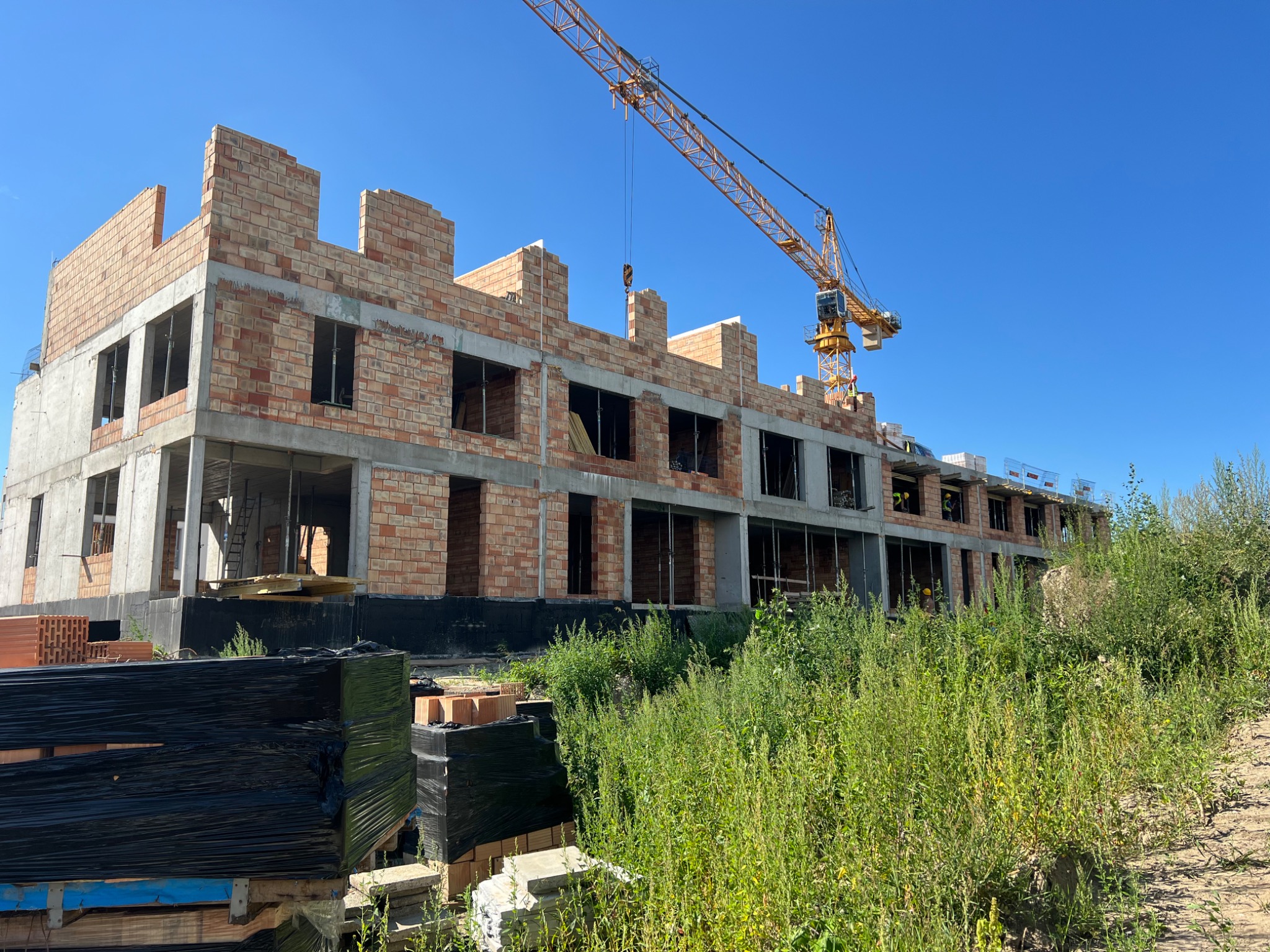 Wznoszenie murów z cegły na budowie wielorodzinnego budynku. Widoczny dźwig budowlany, palety z cegłami oraz bujna roślinność na pierwszym planie.