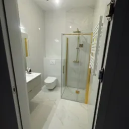 Nowoczesna łazienka z białymi marmurowymi płytkami, złotymi akcentami w kabinie prysznicowej i armaturze, widok zza uchylonych drzwi.