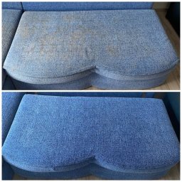 TapicerClean - Tapicerka kanapy w odcieniach niebieskiego: widoczne plamy przed czyszczeniem (góra), czysta i odświeżona po zabiegu (dół). Efekt prania tapicerki.