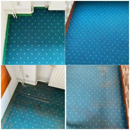 TapicerClean - Kolaż: dywan w turkusowe wzory przed i po czyszczeniu. Widoczne różnice w kolorze i usunięcie zabrudzeń, szczególnie w rogu pokoju.