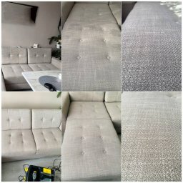 TapicerClean - Jasnoszara, narożna kanapa z guzikami po czyszczeniu, widoczne zbliżenia na strukturę materiału i urządzenie czyszczące. Widok z góry i z boku.