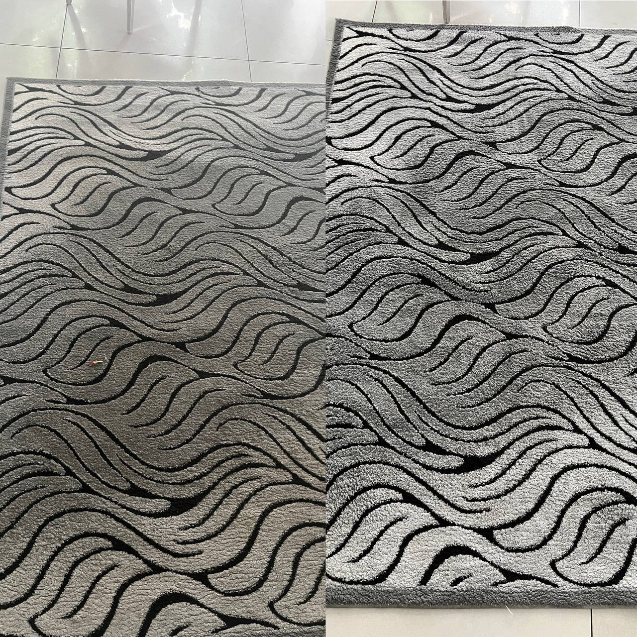 Dywan z wzorem falistym: lewa strona przed, prawa po czyszczeniu. Widoczna różnica w jasności i intensywności kolorów, ukazująca skuteczność zabiegu.