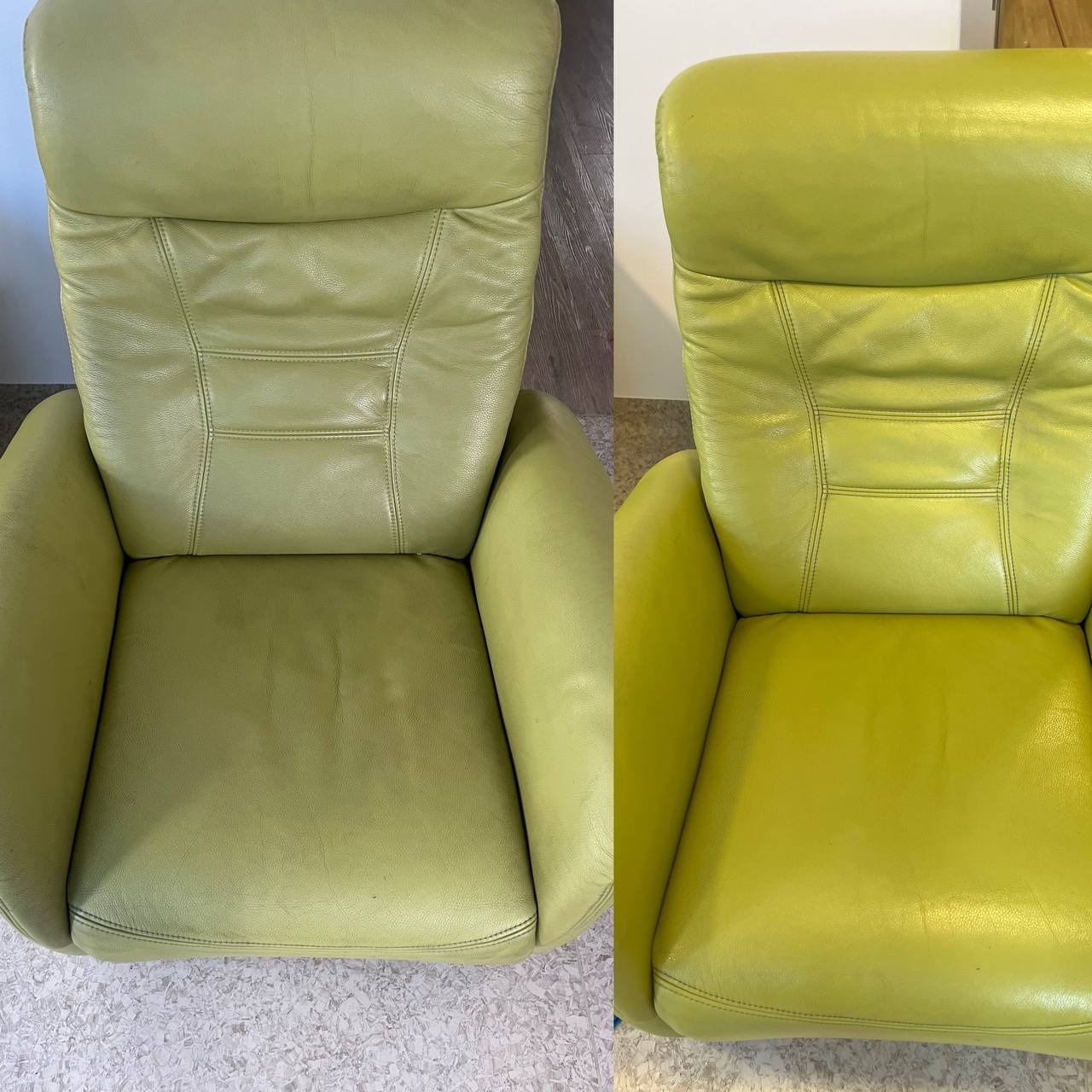 Fotel skórzany w odcieniach zieleni, podzielony na dwie części: po lewej stronie fotel przed czyszczeniem, po prawej po czyszczeniu, ukazujący różnicę w wyglądzie.