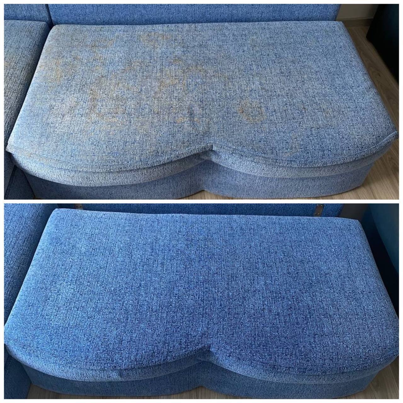 Tapicerka kanapy w odcieniach niebieskiego: widoczne plamy przed czyszczeniem (góra), czysta i odświeżona po zabiegu (dół). Efekt prania tapicerki.