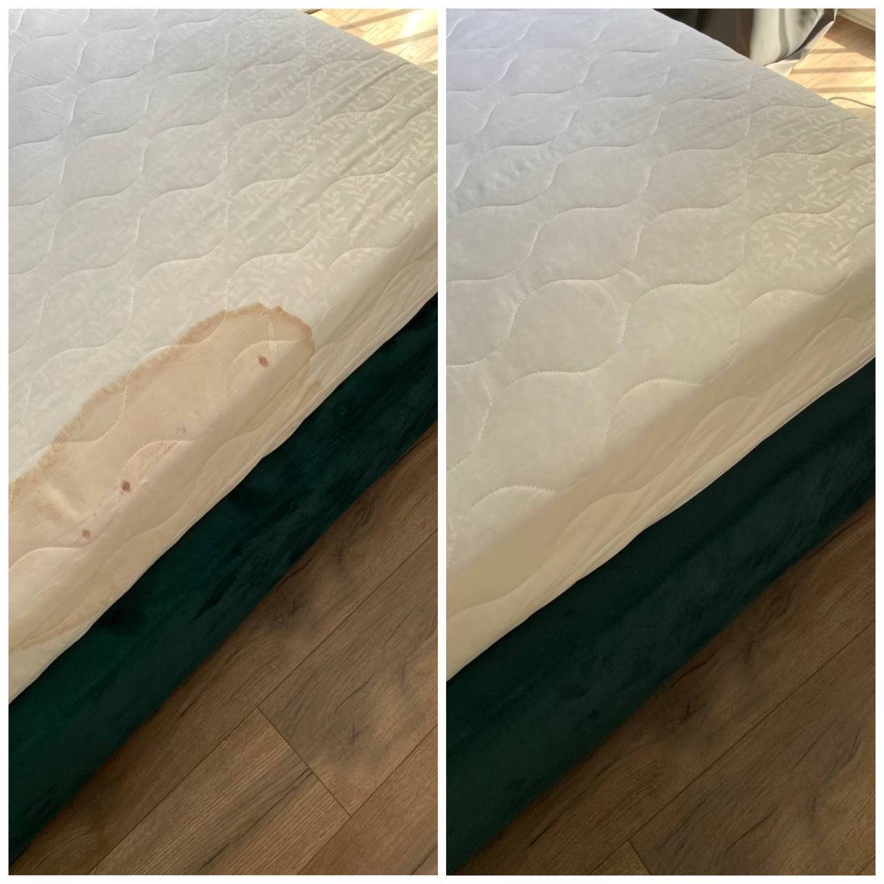 Materac: widok przed (z plamą) i po czyszczeniu. Czysta, jasna powierzchnia po prawej, kontrastuje z zabrudzeniem po lewej. Ciemnozielone prześcieradło, drewniana podłoga.