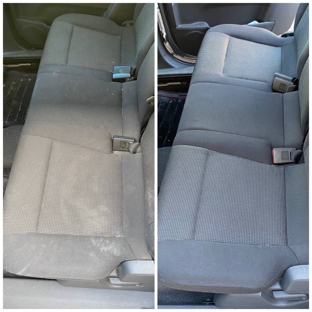 Tapicerka samochodowa: porownanie przed i po czyszczeniu. Widoczne zabrudzenia usunięte, odświeżony wygląd siedziska. Efekt prania tapicerki.