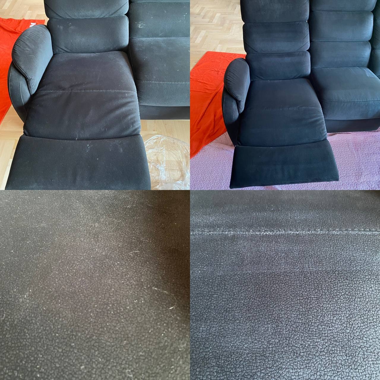 Ciemna sofa z wyraźnym kontrastem 'przed' i 'po' czyszczeniu. Widoczne różnice w czystości tapicerki, z bliska pokazana struktura materiału po zabiegu.