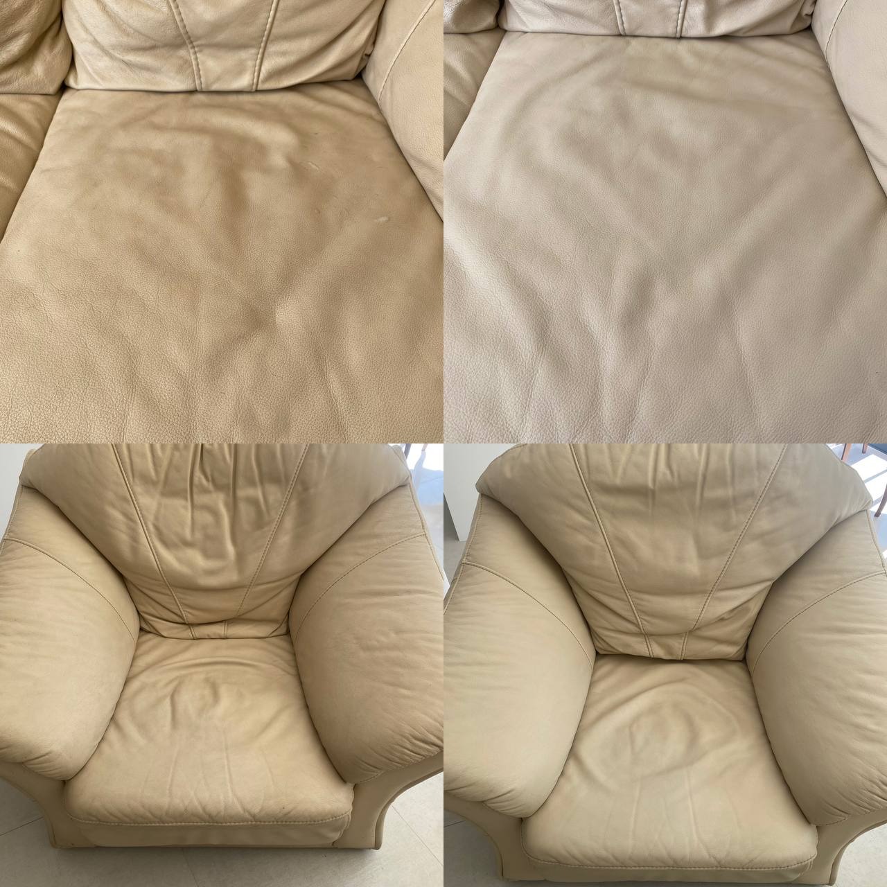 Beżowa skórzana sofa i fotel w układzie 'przed i po' czyszczeniu. Widoczne różnice w odcieniu i usunięcie zabrudzeń.