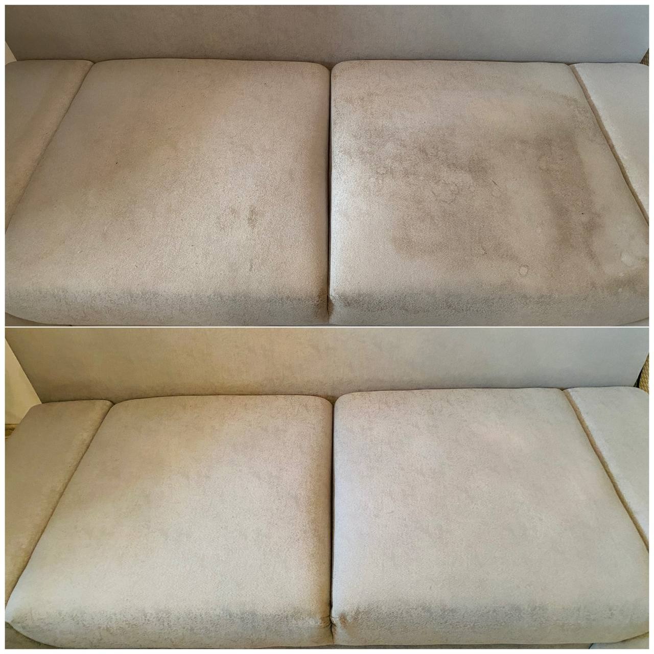 Kanapa w odcieniach beżu: widok z góry, 'przed' z plamami i 'po' czyszczeniu, ukazujący wyraźną różnicę w czystości tapicerki. Dbałość o detale.