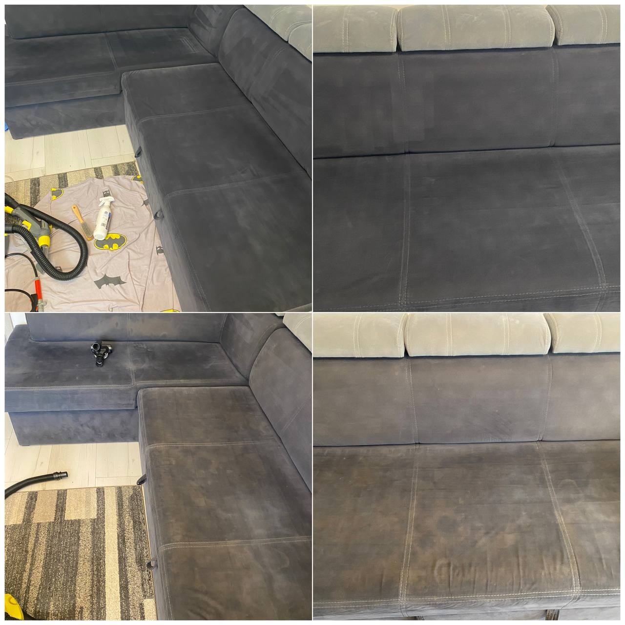 Czyszczenie narożnika z szarej tapicerki. Widoczne różnice przed i po czyszczeniu. Na podłodze akcesoria do czyszczenia tapicerki.