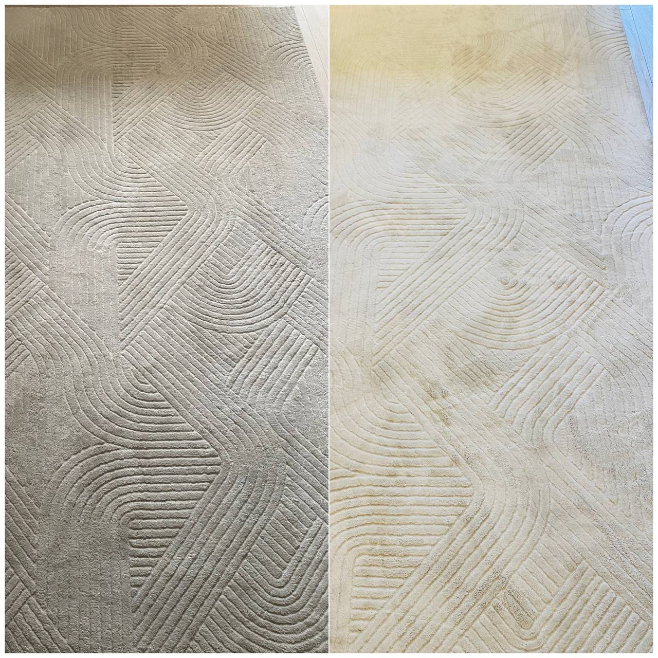 Dywan z geometrycznym wzorem, podzielony na dwie części: lewa strona szara, zabrudzona, prawa strona czysta, w jasnym odcieniu beżu. Efekt przed i po.